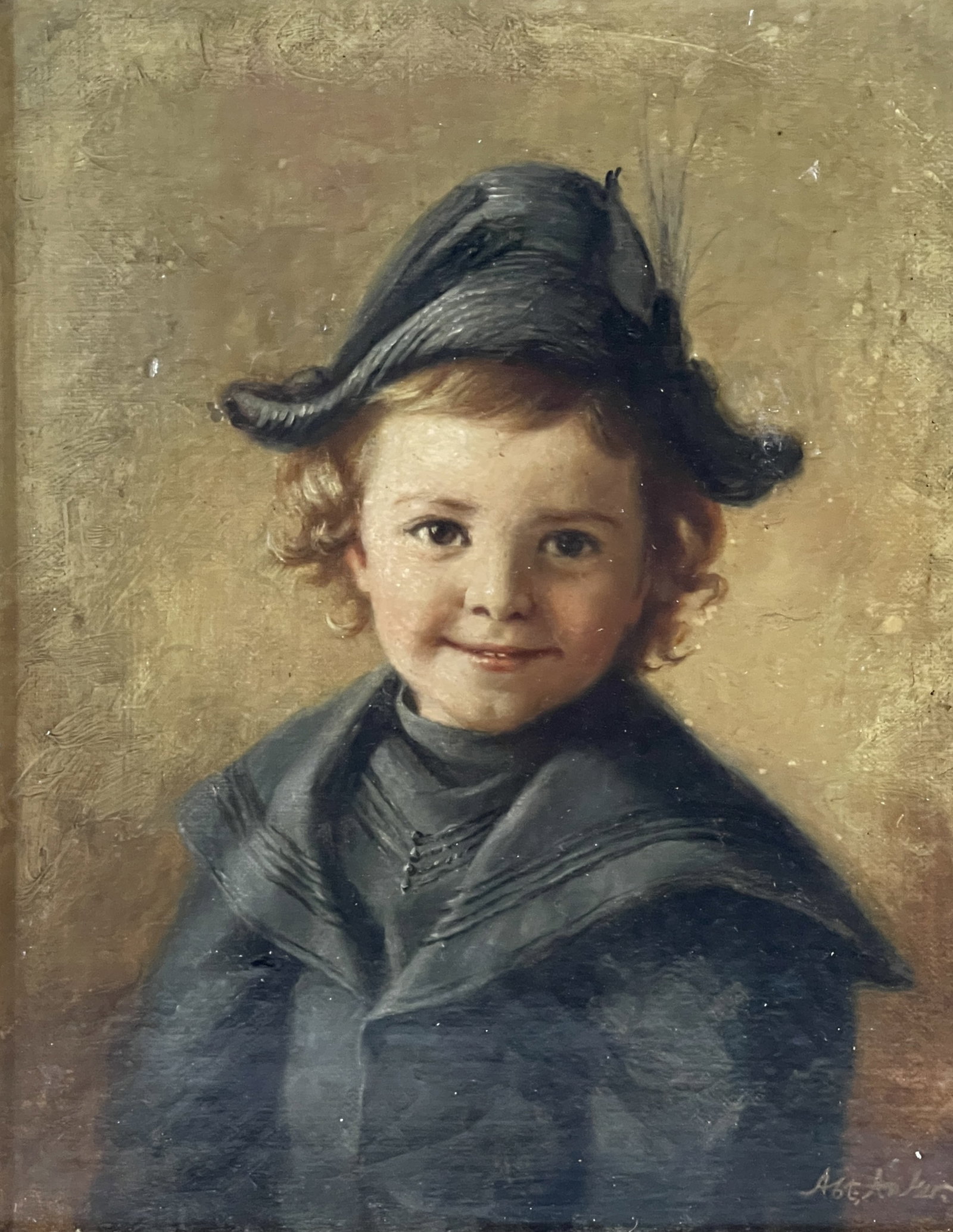 Style of Albert Anker, portrait of a young boy, bust-length wearing a tricorn hat and matching: Style of Albert Anker, portrait of a young boy, bust-length wearing a tricorn hat and matching tunic, bears signature l.r., oil on canvas, 18 by 15cm, gilt frame