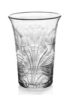 John Walsh Walsh, an Art Deco Waterlily, Iris and Bullrush glass beaker, circa 1925, flared form,: John Walsh Walsh, an Art Deco Waterlily, Iris and Bullrush glass beaker, circa 1925, flared form, etched and engraved with a watery scene of flowers and foliage, 9cm high