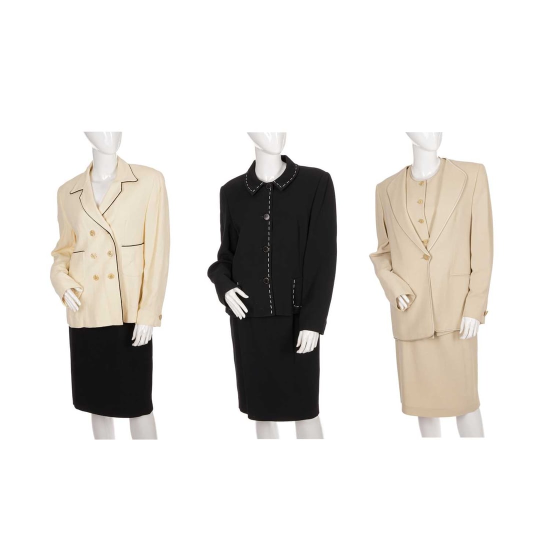 Max Mara Pianoforte, three ladies outfits: Max Mara Pianoforte, three ladies outfits, to include a navy blue two-piece outfit comprising a jacket and pencil skirt with white topstitch detailing, a cream three-piece outfit comprising a jacket,