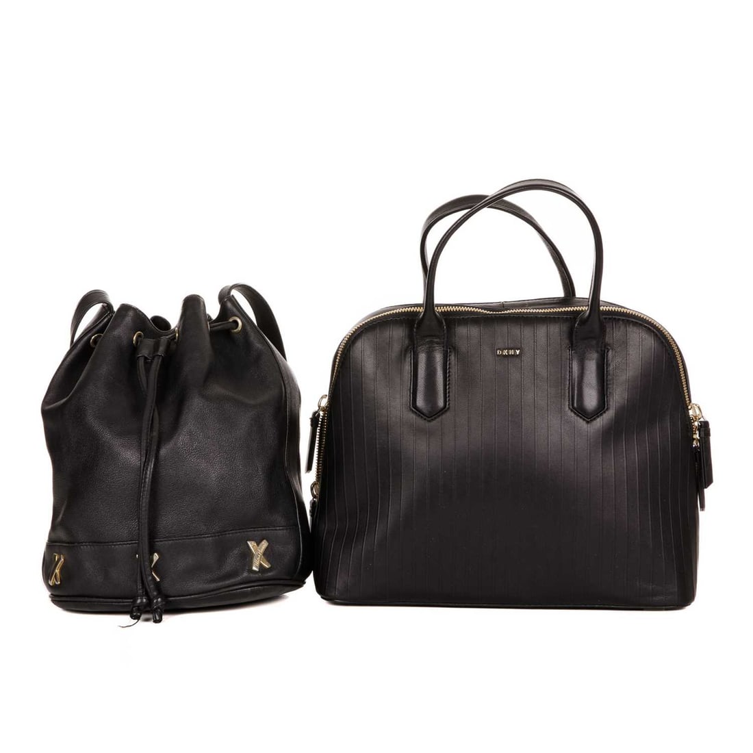 Two leather handbags: Two leather handbags, to include a black ribbed leather DKNY handbag and a black leather bucket bag by Paloma Picasso, lengths measure 22 and 32cm, first with maker's dust bag