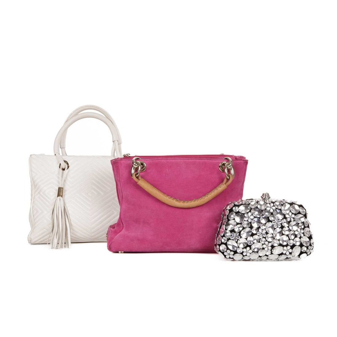 Three designer handbags: Three designer handbags, to include a white quilted leather handbag by Bally, a pink suede handbag by Escada, together with an embellished box clutch by Butler & Wilson with an optional fold-out shoul