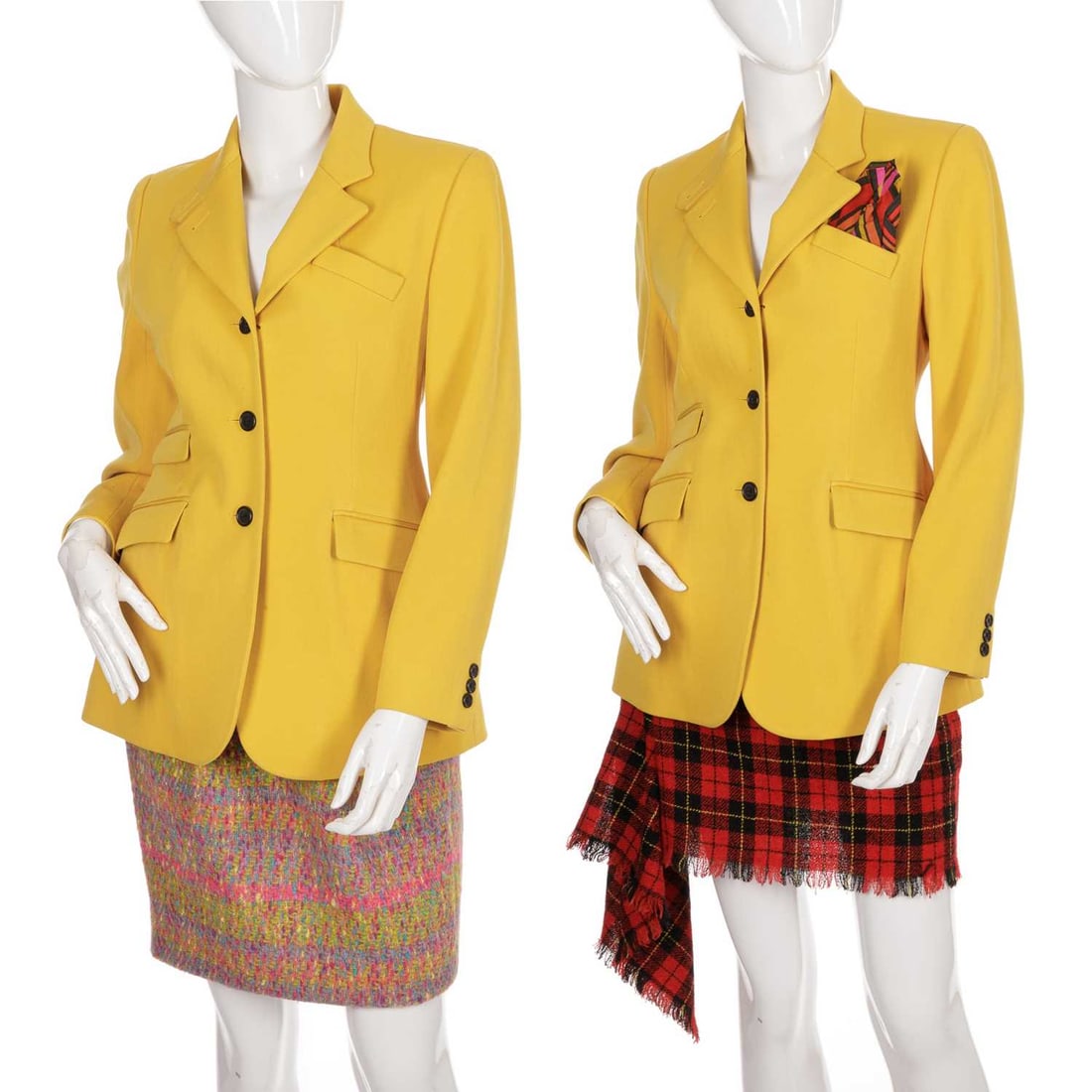 Ladies designer clothing: Three items of ladies designer clothing, to include a DKNY two-piece outfit, comprising a yellow blazer and a red tartan mini skirt with an elasticated waist, together with a multicoloured Christian L