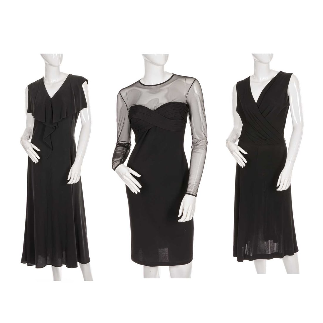 Three black dresses: Three black dresses, to include two knee-length, sleeveless dresses by Max Mara, together with an unbranded fitted dress, with mess sleeves, sizes 10 & 12