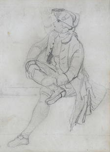 Paul Sandby R.A. (British, c.1730-1809),: Paul Sandby R.A. (British, c.1730-1809), preparatory studies of seated men, both wearing tricorn hats, one signed l.l., and verso, pencil on paper, 14 by 9cm, framed (2)