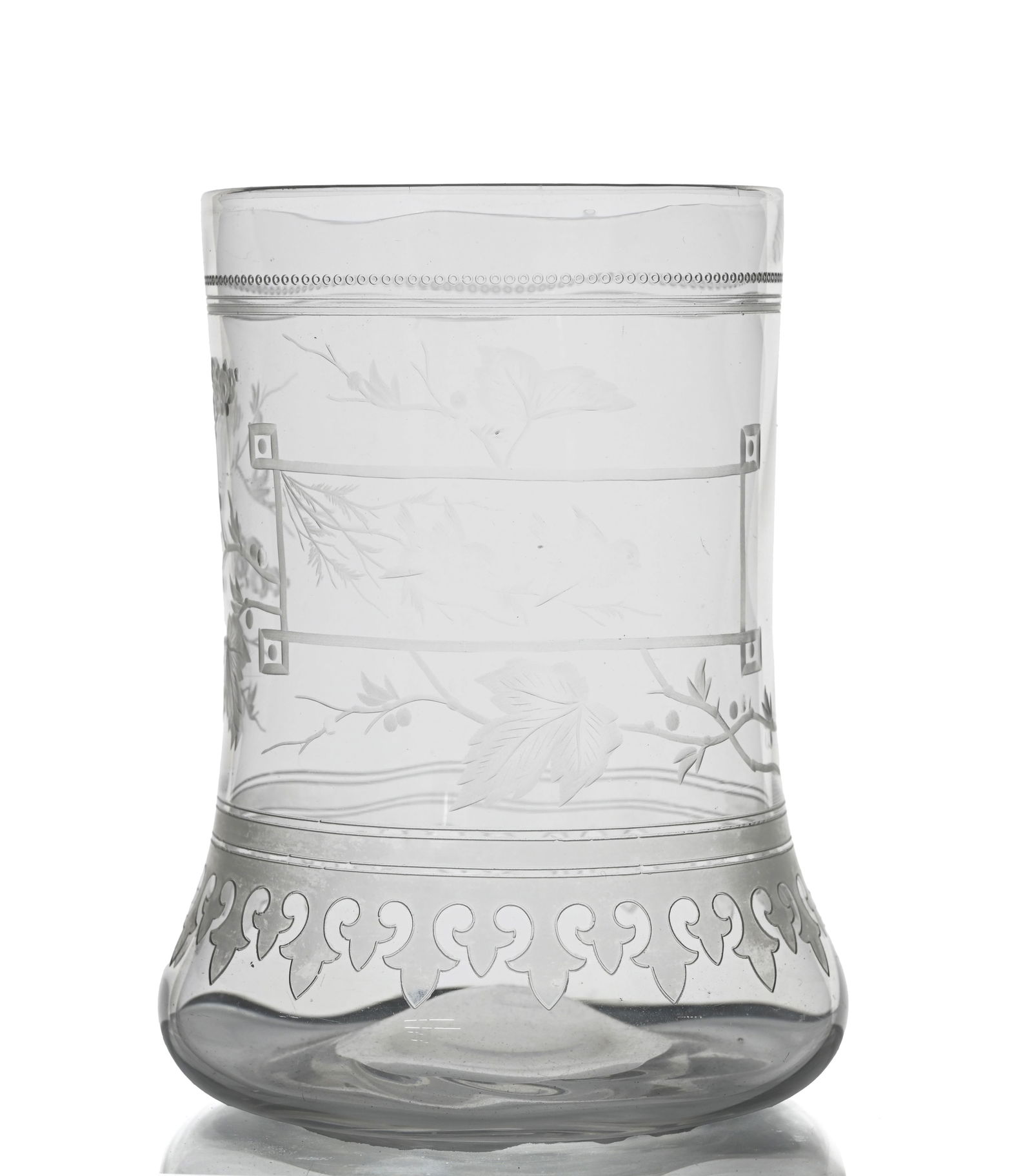 Northwood for Thomas Webb and Sons, an A: Northwood for Thomas Webb and Sons, an Aesthetic Movement / Gothic Revival engraved glass vase, circa 1870, optic wrythen banded bulbous beaker form, engraved and etched with a panel of birds in branc