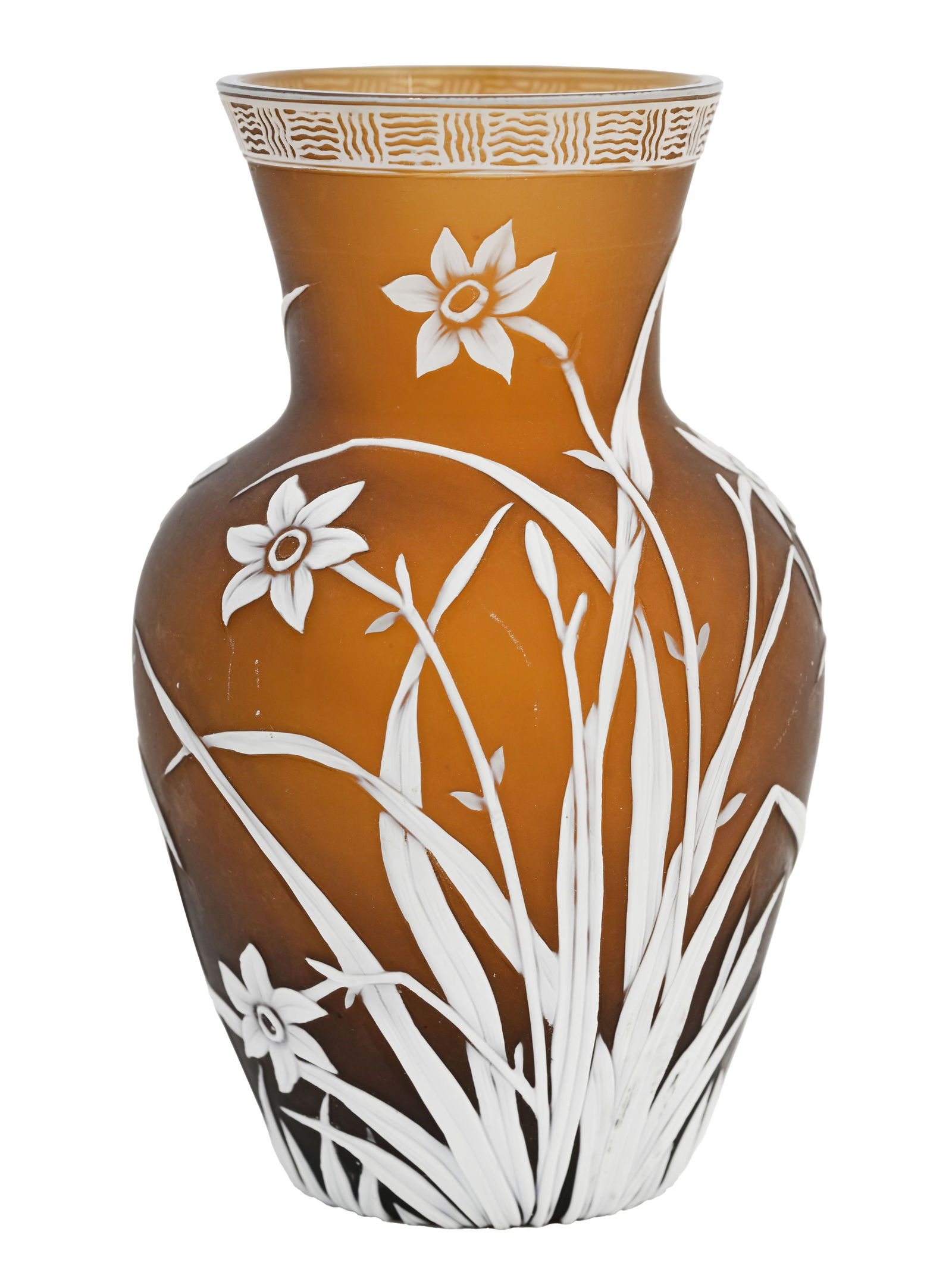Thomas Webb and Sons, an Aesthetic Movem: Thomas Webb and Sons, an Aesthetic Movement cameo glass vase, circa 1885, shouldered form, the white cased brown amber body acid etched and carved with narcissi and wild grasses below a Japonesque ban