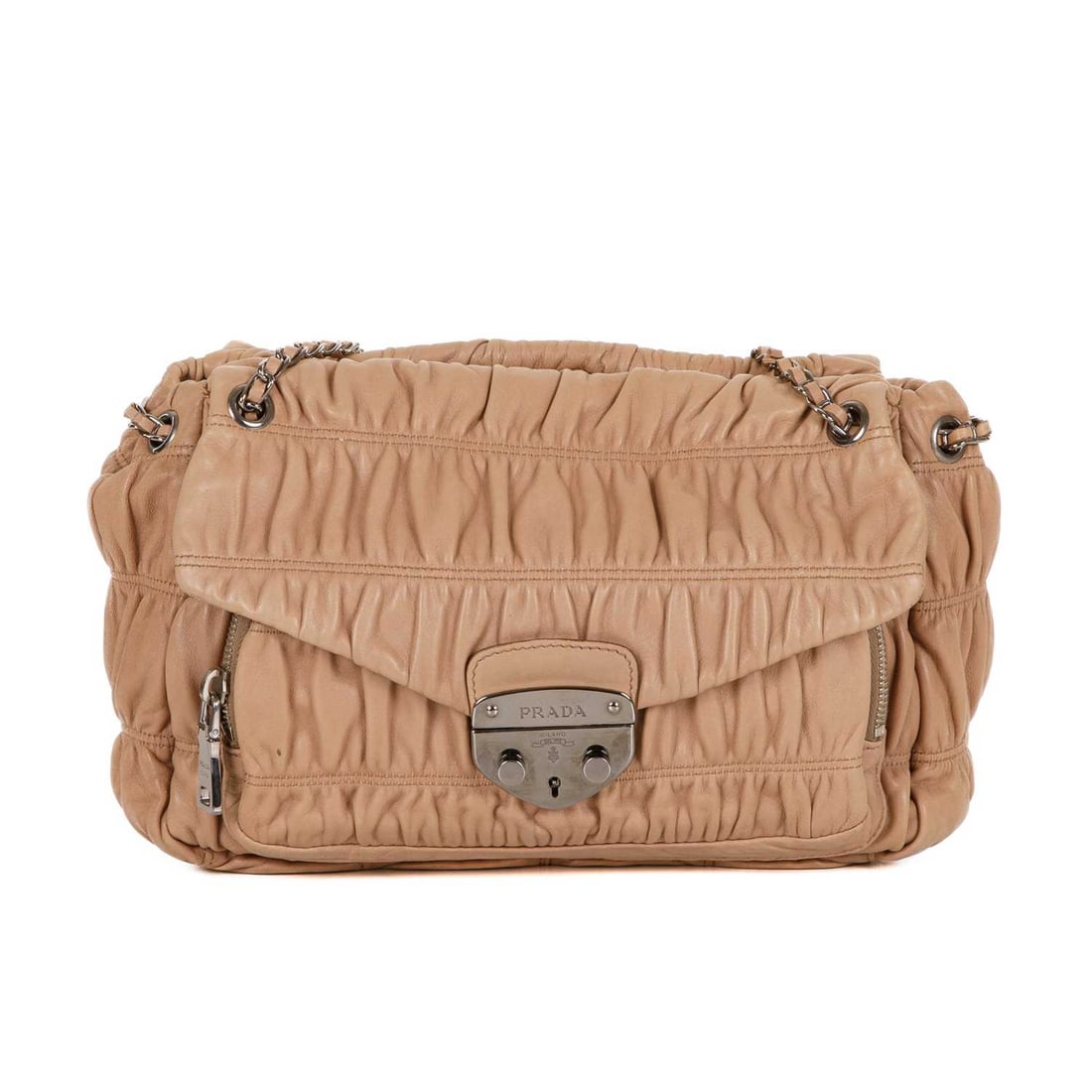 Prada, a Gaufre leather handbag: Prada, a Gaufre leather handbag, featuring a gathered beige leather exterior with polished silver-tone hardware, with two large flap pockets and one zip pocket to the bag exterior, chain and interwove