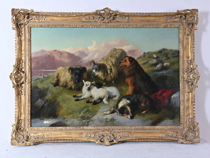 George William Horlor (British, 1823-c.1: George William Horlor (British, 1823-c.1898), Guardians of the Flock, signed and dated 1873 l.l., oil on canvas, 60 by 90cm, gilt frame