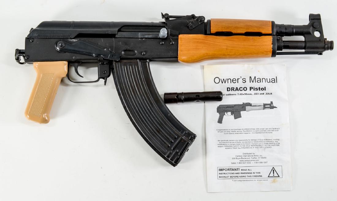 CAI Draco Pistol 7.62x39mm: New Old Stock, in original box with paperwork. Excellent Unused condition, with just slight contact or handling marks to the finish. One 30-round magazine and cleaning kit included.