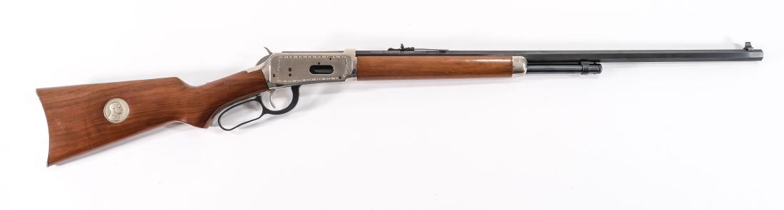 Winchester 94 30-30 commemorative: Winchester lever action 30-30, with a 26inch barrel. This Winchester is a 26th President, Theodore Roosevelt Commemorative Edition. Nickel plated, engraved receiver and butt end cap. Made in 1969 they