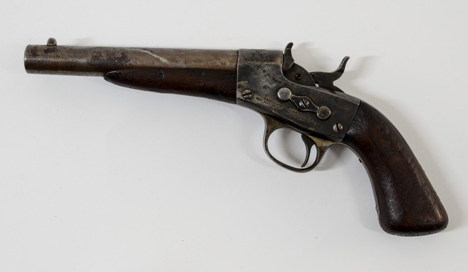 Remington Model 1867 Navy Rolling Block Pistol: Scarce .50 Cal Navy Model with Martial Markings: Left side of case reads: Remingtons Ilion N.Y. U.S.A. Pat May 3d Nov 15th 1864 April 17th 1866; Right side: Naval Inspector marking P over F.C.W. Ancho