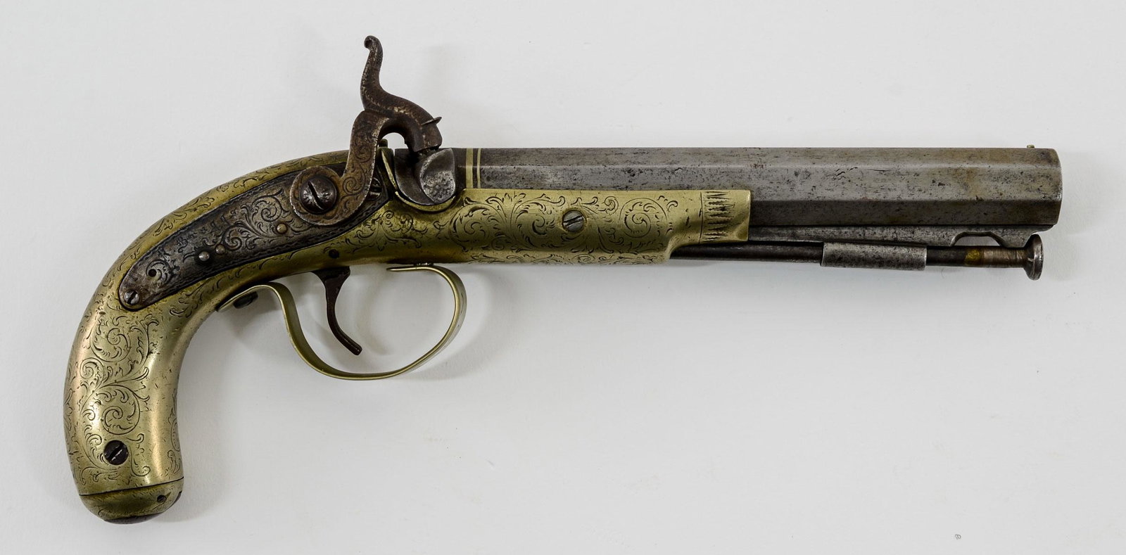 Antique Braggs English Percussion pistol: Single Shot Antique British Percussion Pistol with 7" steel barrel, engraved silver stock, Marked London, Lock Plate Marked Braggs. Replacement trigger guard. Smooth 14.77 mm Bore (.58 cal). 19th Cent