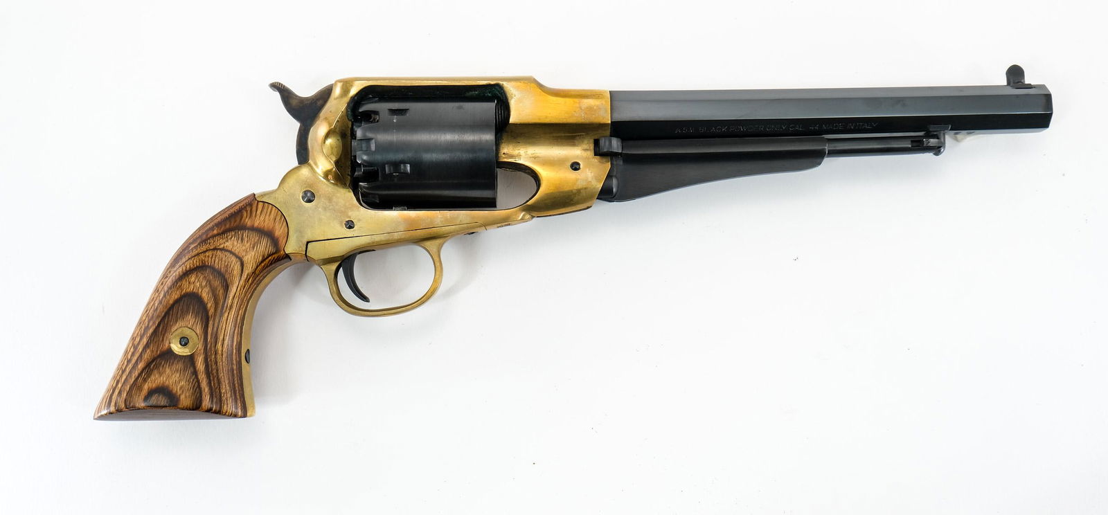 Armi San Marco .44 Black Powder Revolver: Armi San Marco black powder revolver in .44 caliber with a six shot capacity and a 8" barrel. This revolver was made in Italy. The solid walnut grip plates are in excellent condition with very little
