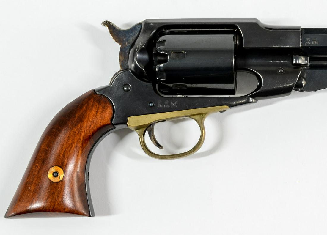 Armi San Marco 1858 .44 Black Powder Revolver: Armi San Marco E.M.F. Company model 1858 in .44 black powder cap and ball with a six round cylinder capacity and a 8" barrel. This black powder revolver is in very good condition with light wear throu