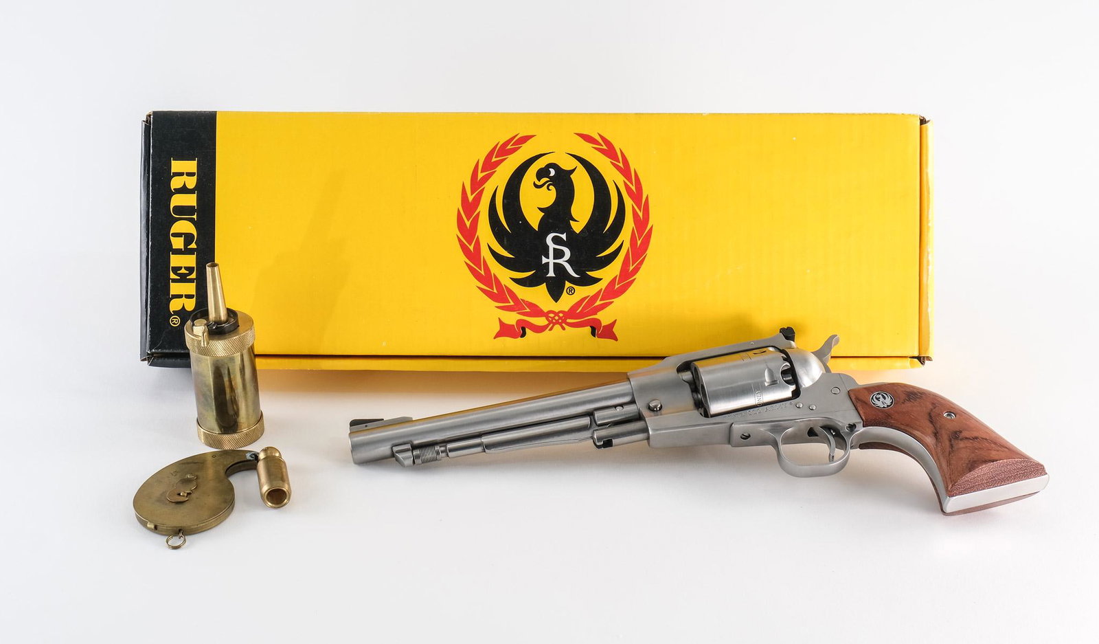 Ruger Old Army Revolver .44 BP: Ruger Old Army Percussion Revolver in .44 caliber black powder cap and ball, with a six shot capacity and a 7 1/2" barrel. The "Ruger" wood grip plates are in excellent condition with no signs of hand