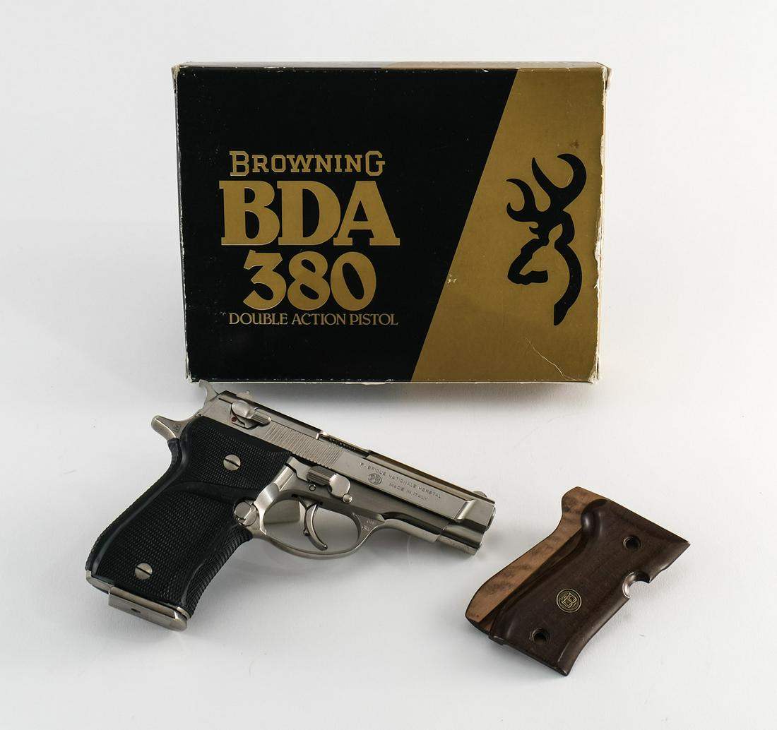 Browning BDA .380 ACP Pistol: Browning BDA in .380 ACP (9mm short) with one thirteen round removable magazine and a 3 1/2" barrel. The wood "Browning" grips have been replace with aftermarket "Pachmayr" "Signature Model" grips in 