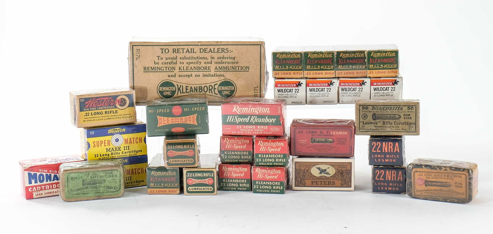 Antique and Vintage 22 Ammunition: Large lot of very collectible antique and vintage 22 caliber ammunition. Lot includes a complete brick of Remington UMC Kleanbore, vintage Union, Winchester and Remington boxes, US cartridge Company a
