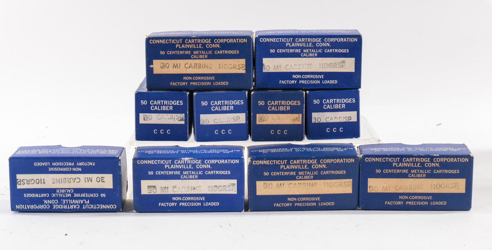 500 Rounds .30 M1 Carbine Ammo: 500 rounds of .30 M1 Carbine ammunition from Connecticut Cartridge Corporation. This is brass case and non-corrosive new old stock ammunition.