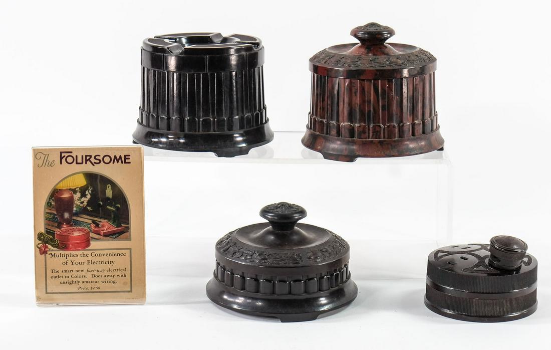 Group of Vintage Coltrock: Smoksette Genuine Colt Rock Mottled dark Red Smoksette (converted) Pipe Tobacco Humidor Style 8133 with matching lid: VG+, Jarette Style 8131 with a pipe-a-dor mismatched lid, overall VG. Colt Rock "F