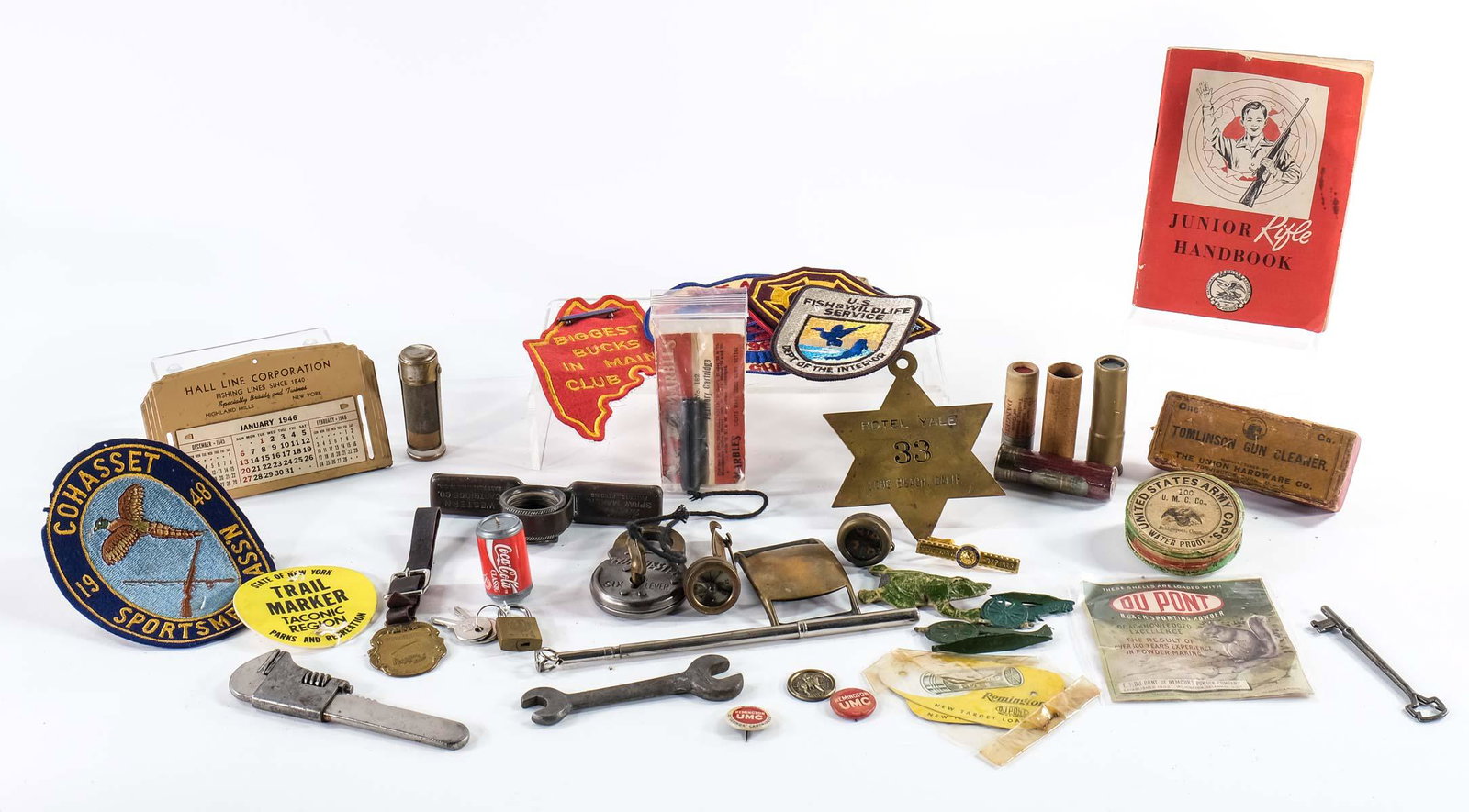 Hunting Firearms Advertising, smalls, etc: Includes: Winchester, Marbles, Tomlinson, Mossberg, Patches, Toy, Buckle, Shotgun Shells, pinbacks, Age and originality varies.