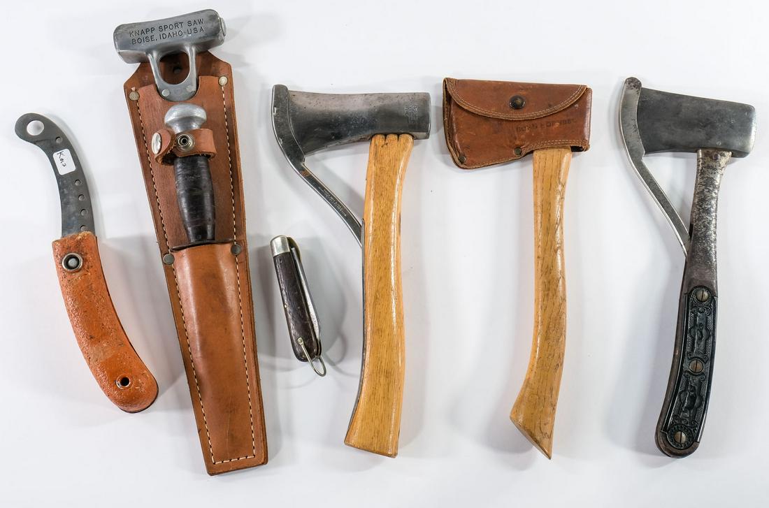 Hatchet and Knife Lot: Vintage LL Bean with Leather Sheath, Marbles Gladstone No. 5, Marbles Safety Pocket Axe, with thermoplastic handles (oxidation, use and wear), A Floating Naval Safety Knife, a worn Camillus Cutlery Fo