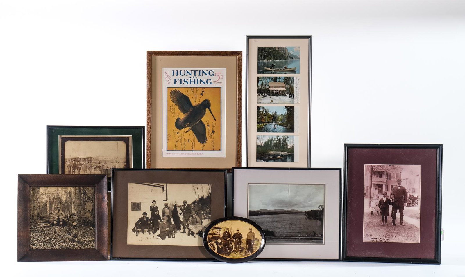 8 Pcs, Framed Sporting & Hunting: Photos and Postcards of Men Hunting, Holding Rifles and Shotguns, with 1920's era cars, Hunter with moose, Group of Sporting Men holding rifles and wearing Civil War style hats, Men and Dogs with Bear