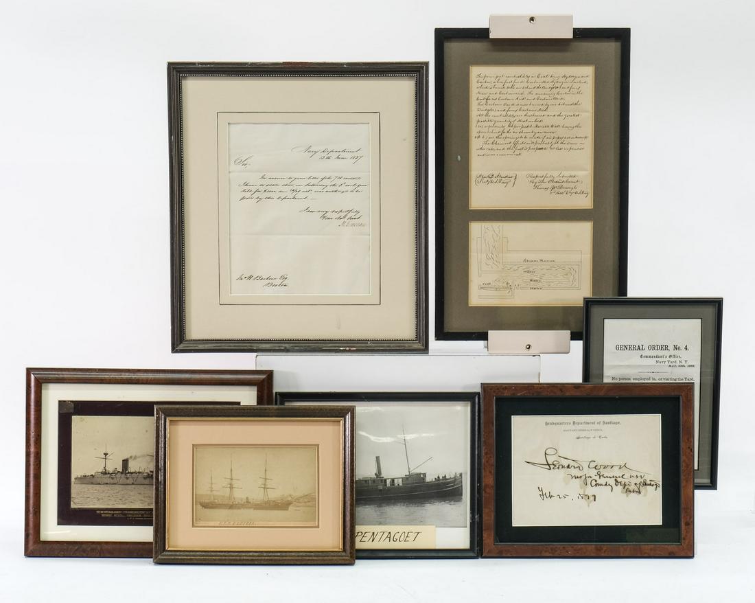 Seven Framed MIlitary Documents: Originals, 19th and 20th Century. Framed under glass. Includes Headquarters Department of Santiago, Adjutant Generals Office, Cuba, 1899, General Order No. 4 Navy Yard in NY 1869, A Navy Department 18