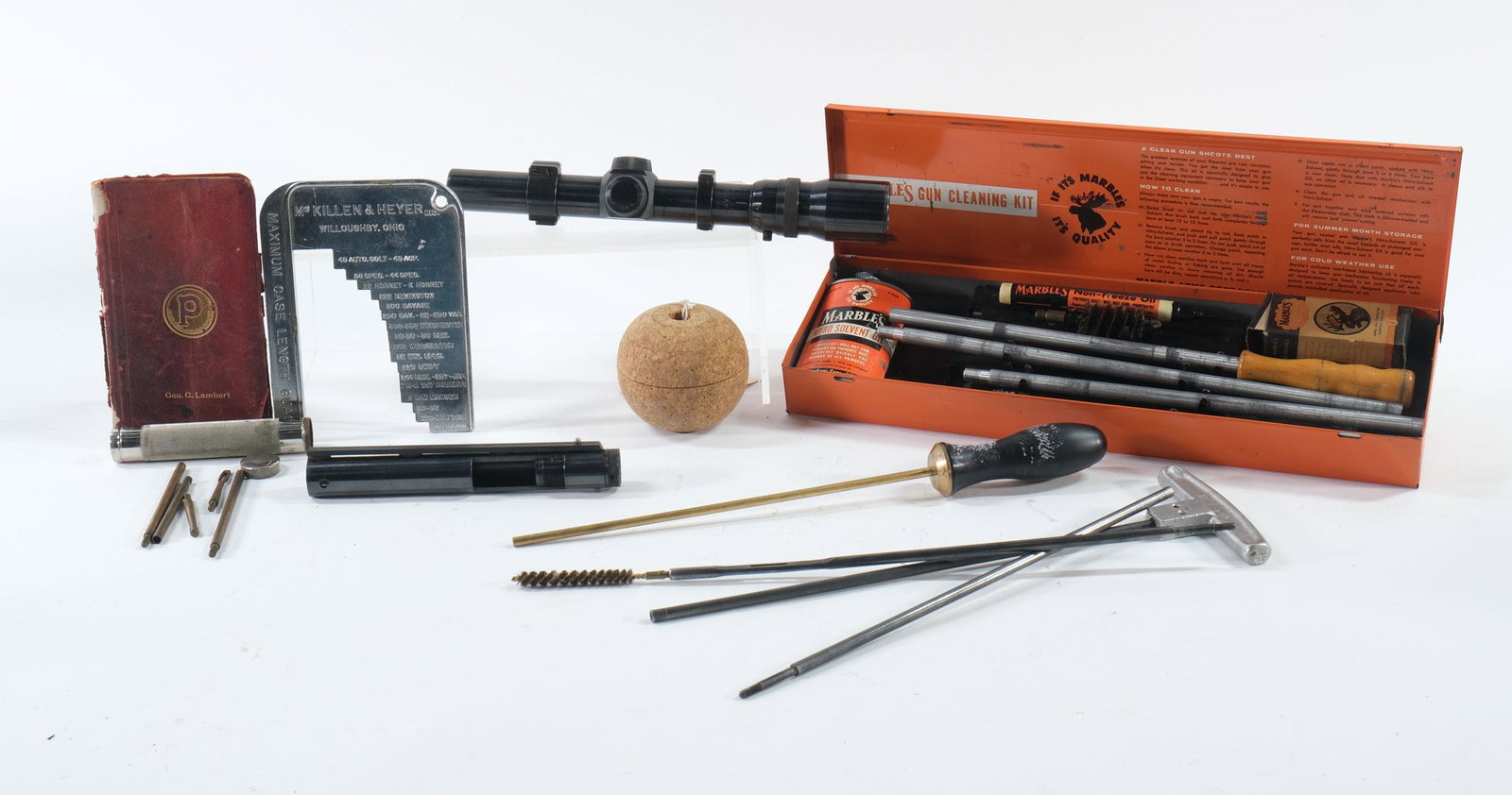 Firearms Misc Lot Weaver Scope Reloading etc.: Includes the following: Weaver V45-1 vintage scope with clear glass and mechanically very good. Case length gauge, Peters Reloading guide, Springfield Intl Match Cork Palm rest, Cut away barrel/choke 