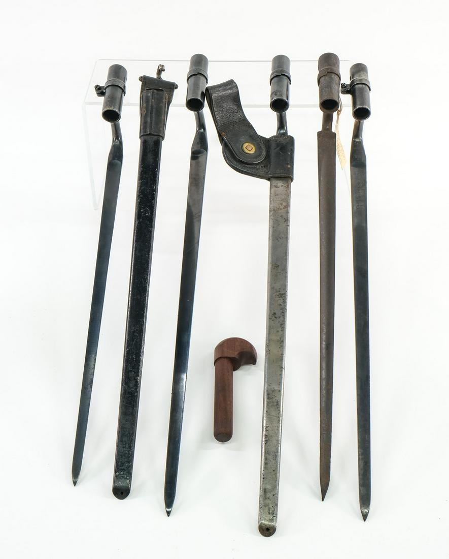 Civil War & Confederate Bayonet Collection: Mixed lot of four trapdoor bayonets all marked U.S. Two are in scabbards and one is marked USN with C.H. inspection stamp. Included is a bayonet tagged "Battlefield Relic, M1853 Enfield, Confederate A