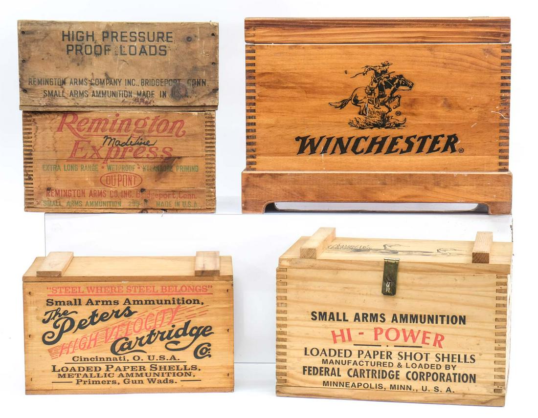 Five Advertising Ammo Boxes: Ammunition boxes with Advertising logos, original and contemporary. Includes: Remington High Pressure Proof Loads, Remington Express, Peters High Velocity Cartridge, Hi-Power Small arms Ammunition, an