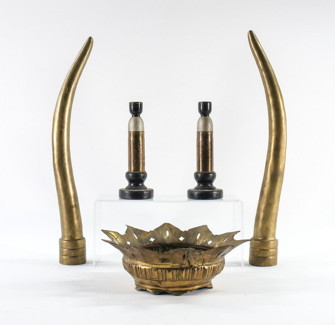 Brass WWI Trench Art candlesticks, etc: Pair of Brass Trench Art candlesticks with turned wood bases, and a large unmarked brass centerpiece bowl and a pair of Korean Brass Hollow Animal Horns (mid 20th century). All pieces, basement-fresh,