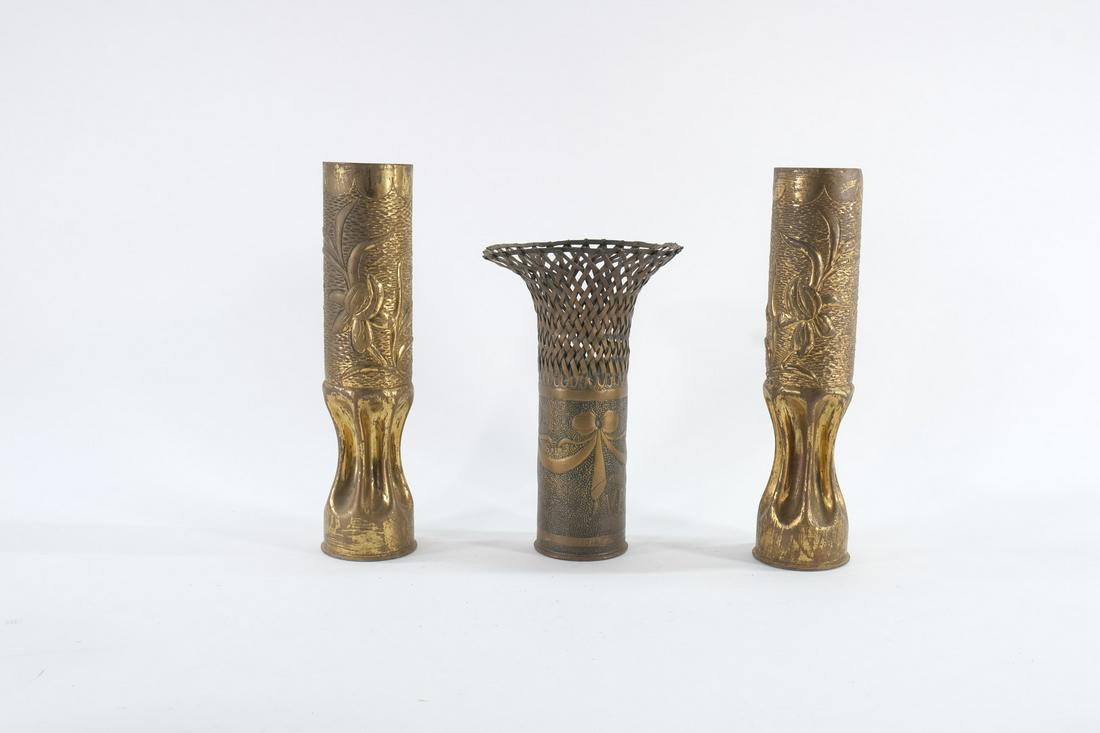 3 WWI Trench Art Artillery Shells: One super-detailed woven rim Shell Marked Verdun, 1917, 1916, Bois-Bourrus1916-17, A Lascurettes, and a pair of Crimped Verdun ShellsKeywords: POW, World War One, American, US, France, Antique