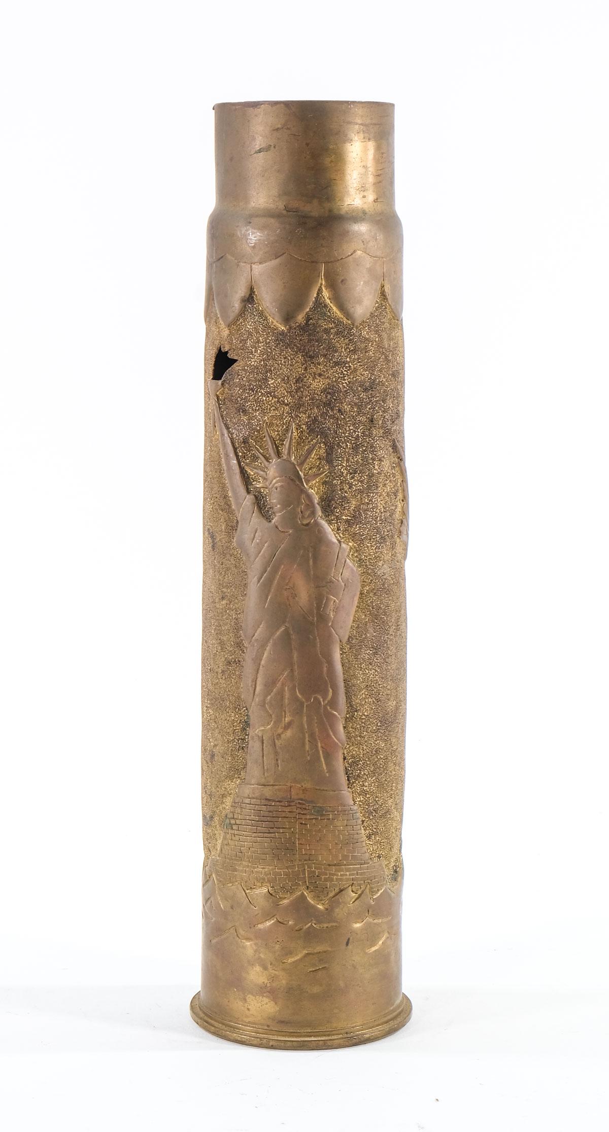 WWI Statue of Liberty Trench Art Artillery Shell: Excellent Detail and rare design Statue of Liberty and Lighthouse design with cut outs. a Few rim dings, 12" tall,