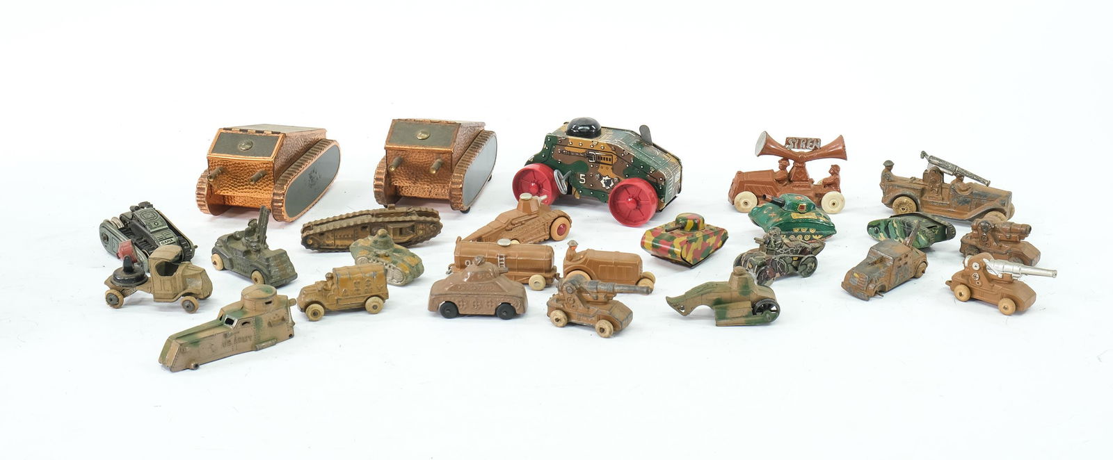 Dimestore Toy Tanks & more: about 25 pcs, Vintage Cast Metal and Tin Litho Tanks and Military vehicles including Barclay, Manoil, Two Souvenir Cigarette boxes, Marx, Japan, Tootsietoy, and more. Played with and estate fresh, as-