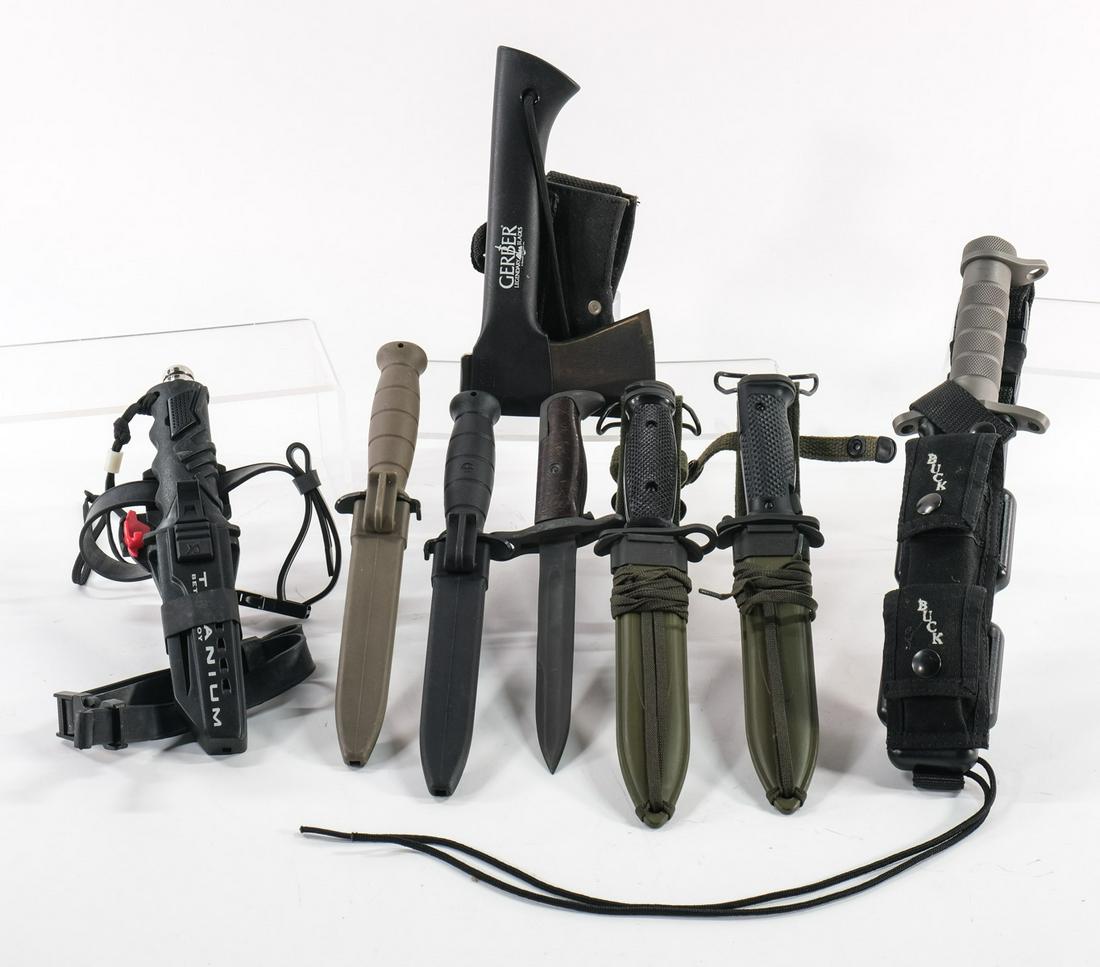 Fixed Blade Military Fighting Knife & Bayonet: Group 8pcs total consisting of 2 Glock knives, one black and one FDE. 2 US M8 bayonets. 1 unknown US bayonet. Large Buck survival knife which includes hackman butterfly and thigh rig. "Titanium Beta A