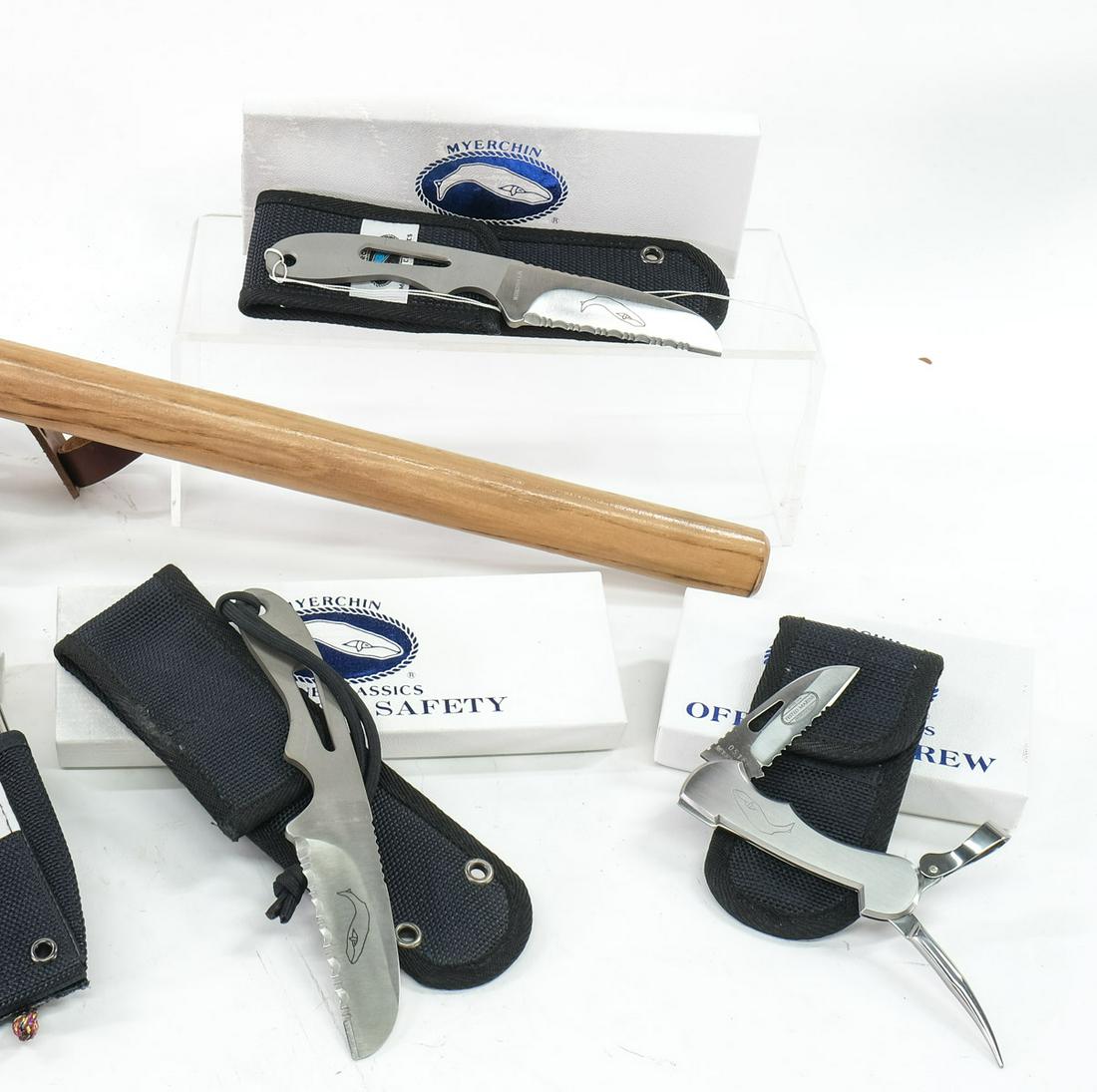 Myercin Marine Knives & Tools, CRKT Hatchet Group: 5pcs total. 1 Myercin Marine Offshore System knives with Fid tool. One folding knife. 2 fixed blades. and one CRKT hatchet. All Myercin items appear unused. Hatchet is in excellent shape, the hatchet 