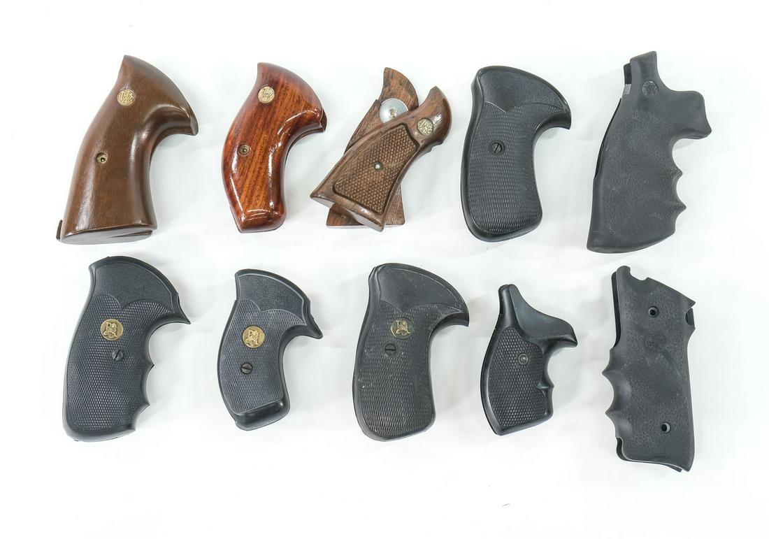 S&W Grips OEM & Aftermarket 10pcs: This lot includes 10 grips. 3 are original wood grips including screw. Various eras and styles. condition varies7 of them are either Hogue rubber or Pachmayr. One of which has the S&W logo and origina