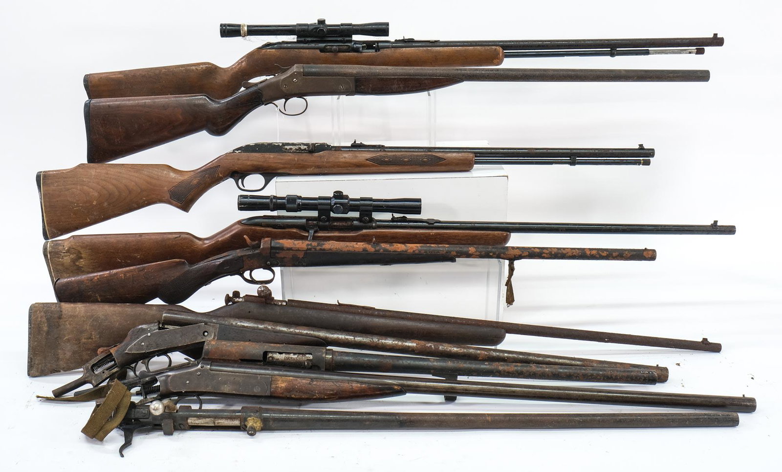 Shotgun and .22 Rifle Lot Parts or Restoration: Mixed lot of 10 firearms including Hopkins & Allen Forehand 12 ga, Savage Model 11 barreled action, Stevens Top Break 20 ga, Unknown Top Break 20 ga, Iver johnson Cycle Works 12 ga, Springfield 187U .