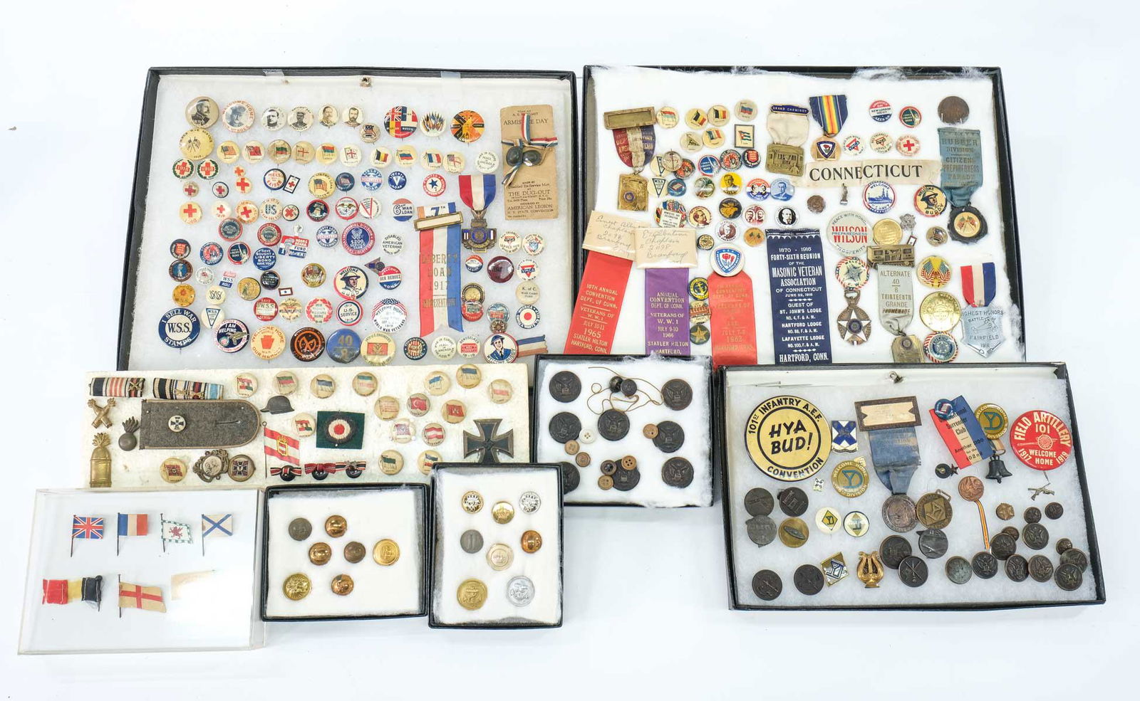MIlitary Pins, Buttons, Pinbacks, tinnies, etc: Estate-Fresh and as-found, large lot including Imperial German Buttons, Uniform items, paper lapel flags, US Army Coat Buttons, Navy and British Buttons, International Pins, German Iron Cross, Prussia