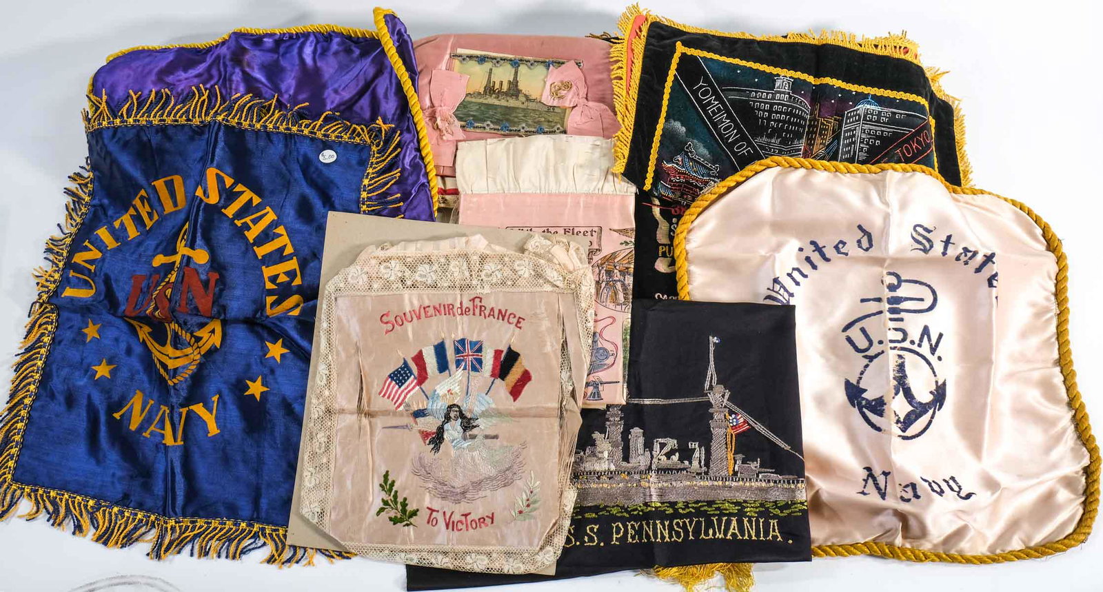 9 pcs: US Navy Silks and Embroidery: From WWI to Korean War, mostly Navy Pillow Covers, banners, Sweethearts, souvenirs, etc. originals, size and condition vary from Fair to Excellent
