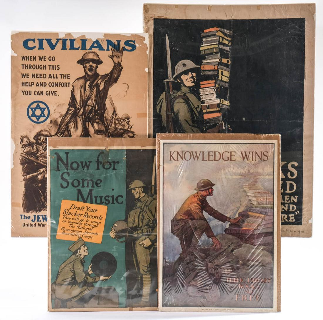 4 WWI Propaganda posters: Original, as-found and estate fresh. Books Wanted, Jewish Welfare board, and Now for some music. Each with edge wear, creases, tears. Each in plastic, but unmounted. Keywords: World War One, British,