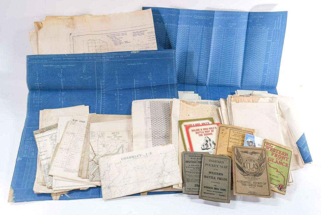WWI Era Maps and Blueprints: Over 50 pcs, US and Foreign Maps and Blueprints, Wartime and later printings, Aviation, Naval, Charts, Historical Battle Maps, etc. estate-found, average condition.