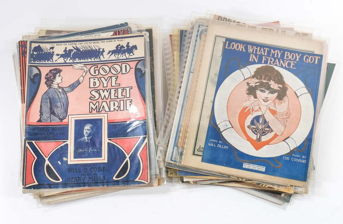 over 300 Pcs Sheet Music: Estate fresh group of over 300 Music Sheets, mostly large size folio, mostly early 20th century, American. Condition varies from fair to excellent. Keywords: Illustration, American, Patriotic, World W