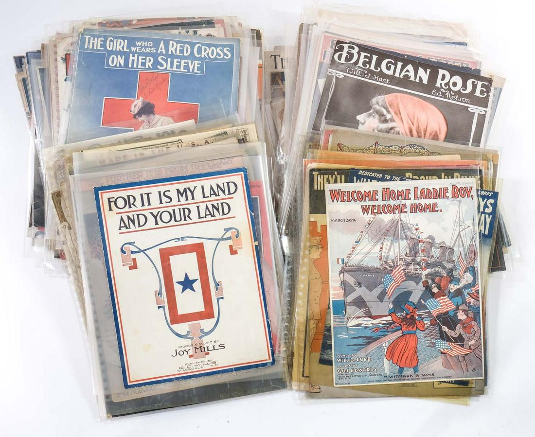 Over 300 pcs Sheet music: Estate fresh group of over 300 Music Sheets, mostly large size folio, mostly early 20th century, American. Condition varies from fair to excellent. Keywords: Illustration, American, Patriotic, World W