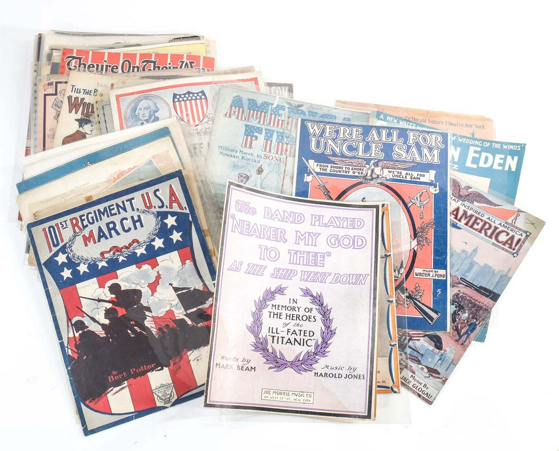 over 300 pcs Sheet music: Estate fresh group of over 300 Music Sheets, mostly large size folio, mostly early 20th century, American. Condition varies from fair to excellent. Keywords: Illustration, American, Patriotic, World W