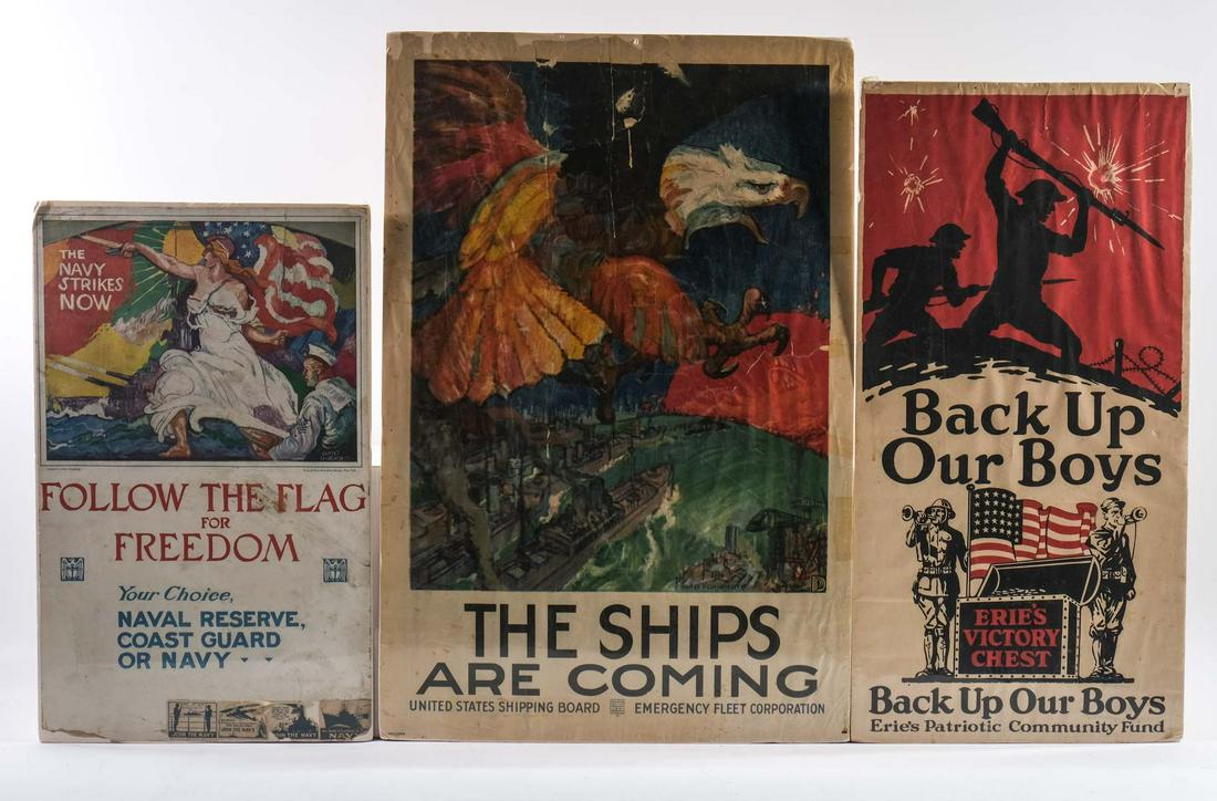 Three WWI War Posters: All Original, estate-fresh and as-found. Navy, Freedom, Naval Reserve, Coast Guard, "Back up our Boys" Erie Victory Chest, "The ships are coming" with Screaming Eagle. Largest: 30" x 20" all with some