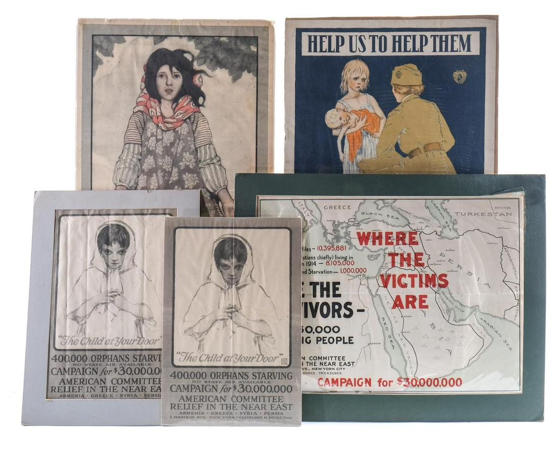 WWI Era Near East Foundation Posters: Period Original Fund Raising posters for the American Committee for Relief in the Near East, Helping Greece, Armenia, Syria and Persia. Each estate-fresh, as-found with edge wear, tears and creases, w