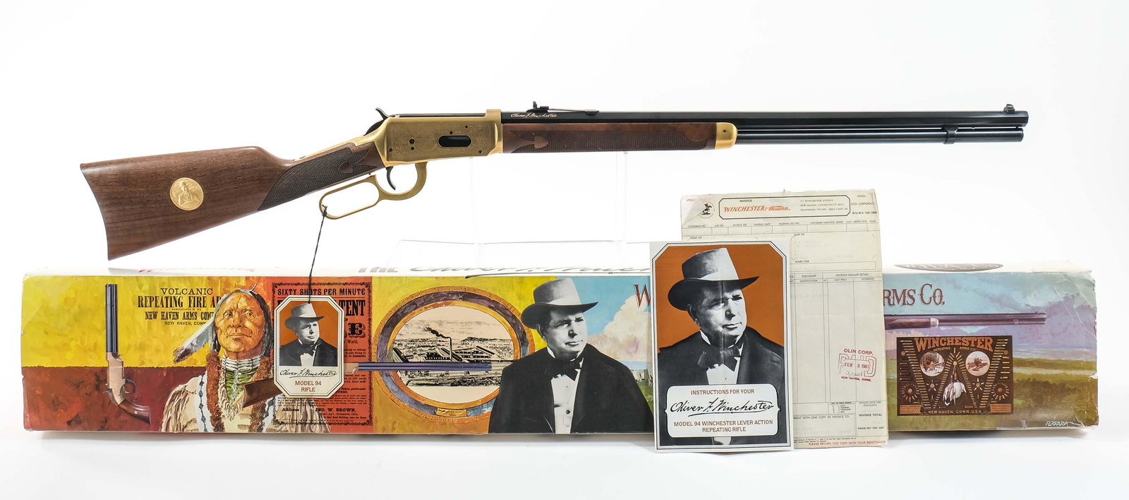 Model 94 Oliver Winchester Commemorative Rifle: Oliver Winchester Commemorative rifle in .38-55 win with a seven round internal capacity and a 24" barrel made in 1980. This gun was apparently purchased by a factory employee as the original invoice 