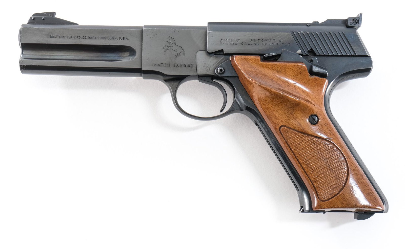 Colt Woodsman Match Target .22 LR Pistol: Dating to 1975. Colt PT.F.A MFG. CO. Woodsman 3rd Series Match Target chambered in .22LR. This single line address marked pistol is finished in a gloss blue with matte top and features Elliason adjust