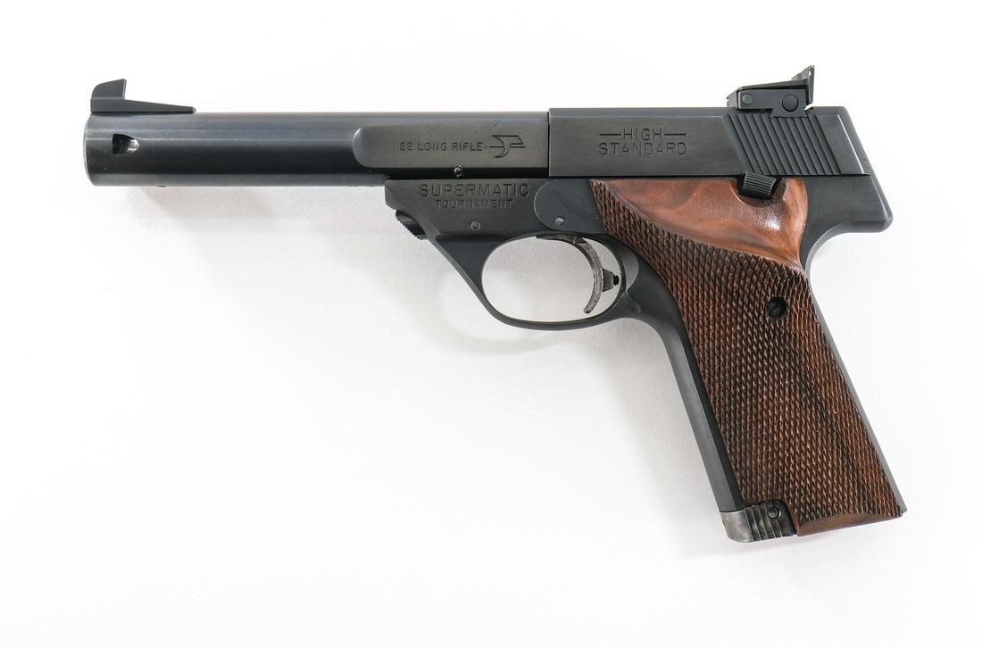 High Standard 107 Military Supermatic Pistol: Manufactured in Hamden, CT this is a High Standard Model 107 Military Supermatic Tournament. This pistol features a 5-1/2" removable heavy barrel with ramp front and adjustable rear sights, serrated a